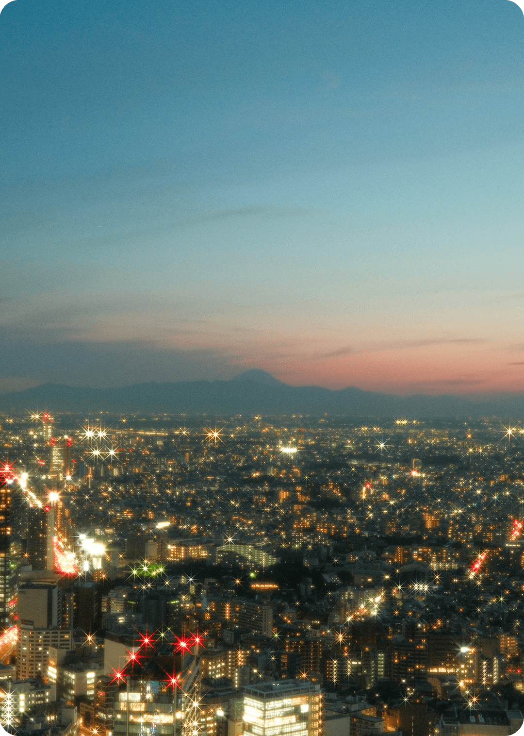 Aerial view of Tokyo, Japan at dusk with city lights illuminating the skyline.