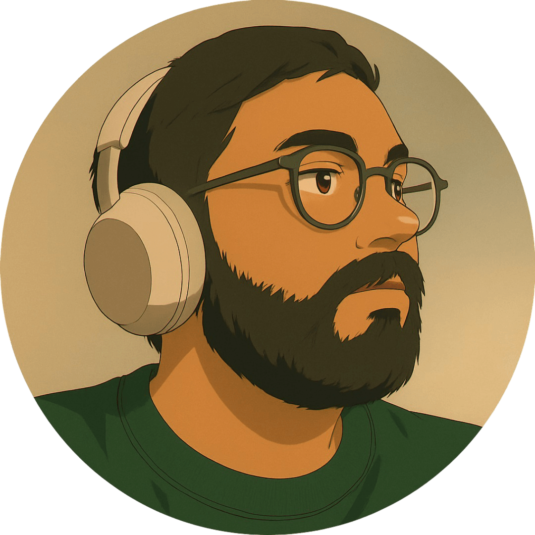 Ghibli-style portrait of man in green jumper with headphones.